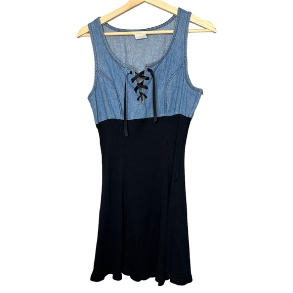 Vintage Jalate 90s Denim Ribbed Cotton Lace Up Dress - Picture 5 of 10